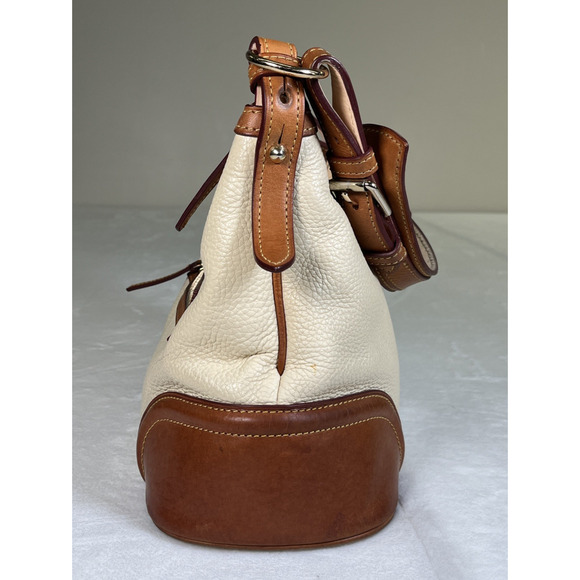 Dooney Bourke Tan Pebbled Leather Drawstring Pocket Lock Bucket Shoulder Bag FS - Picture 5 of 16